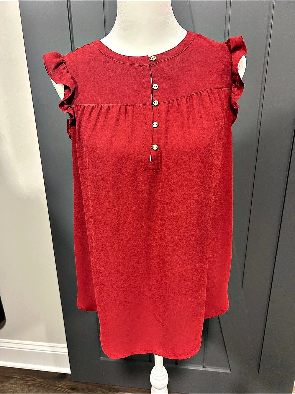 LOFT Ruffle Sleeve Blouse in Red Berry Crimson Colored Size Small Like New